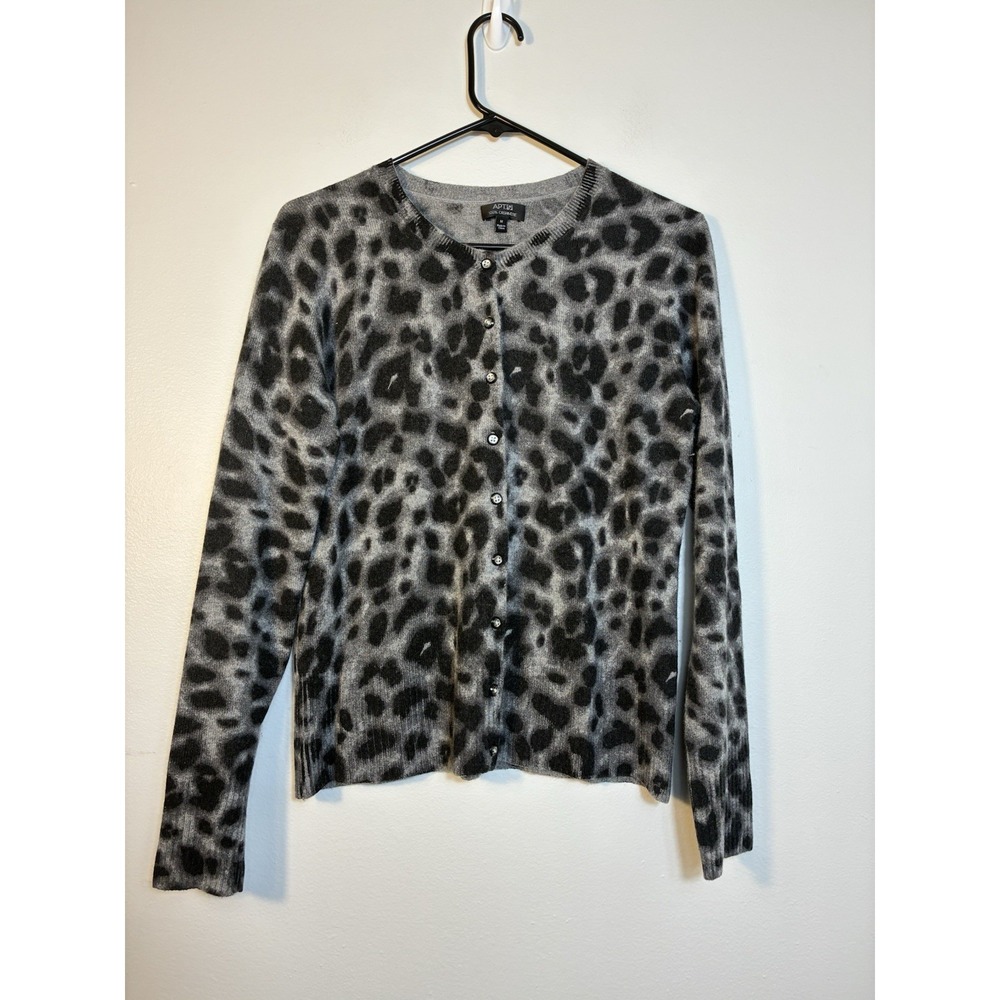 APT 9 Cardigan 100% Cashmere Sz M Black Animal Print Button Front Preppy